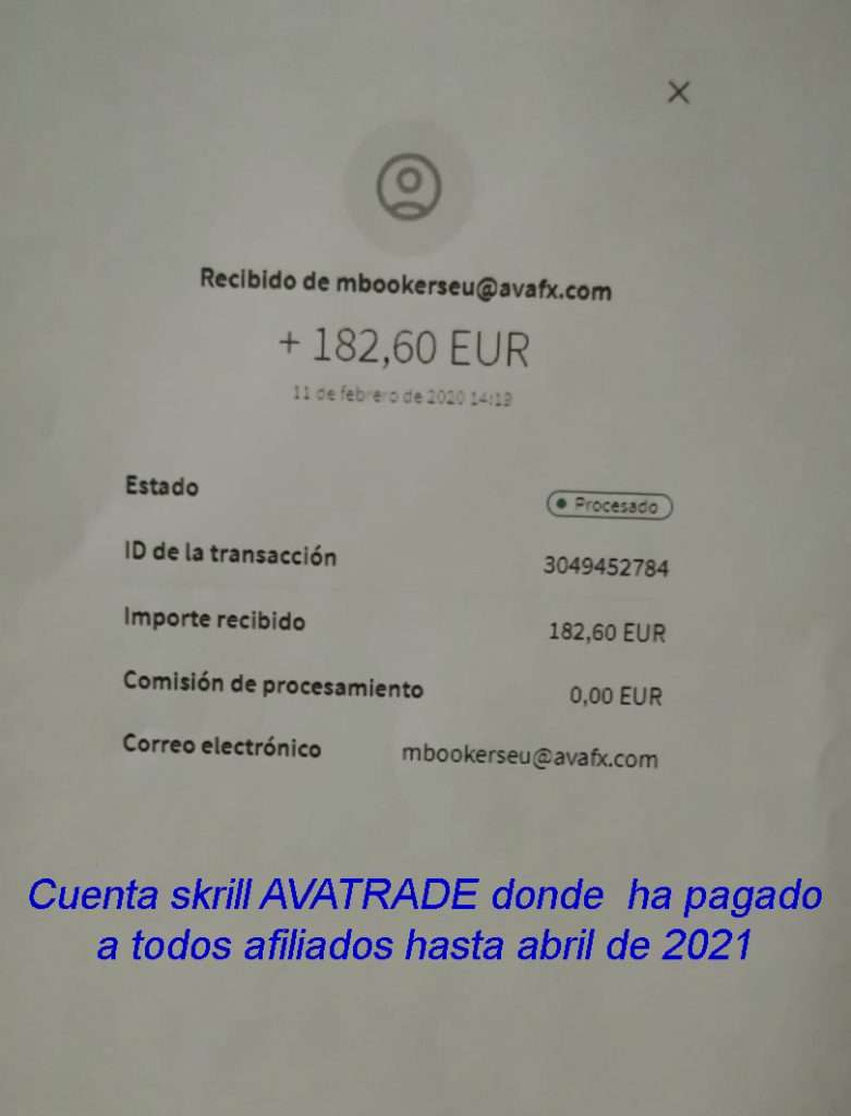 cuenta Skril donde AVATRADE ha pagado a todos los afiliados desde abril de 2021